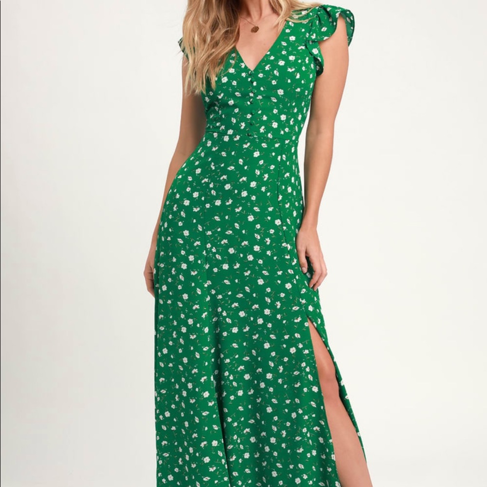 Lulus green floral print backless maxi dress
